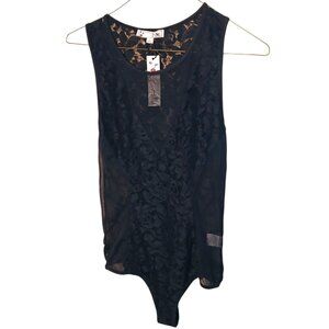 It Girl Women's Sz Large Bodysuit Black Sheer Floral Lace Detail Sleeveless Top